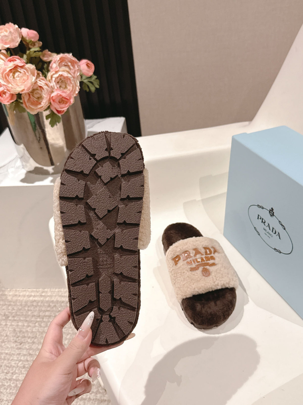 PRADA 25S FLAT MULES IN CREAM AND RK BROWN RABBIT FUR
