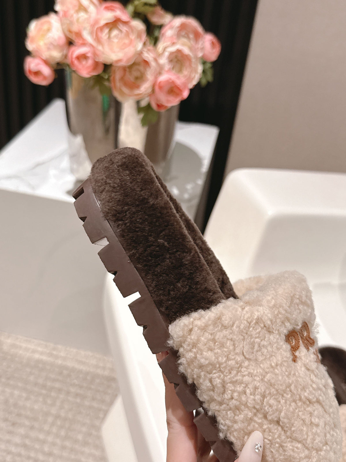 PRADA 25S FLAT MULES IN CREAM AND RK BROWN RABBIT FUR