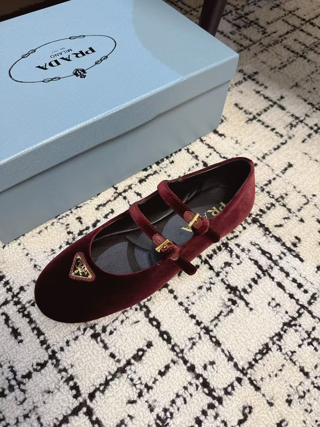 PRADA MARY JANE FLAT WITH TRIANGLE LOGO IN SANGRIA RED VELVET