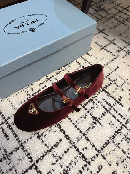 PRADA MARY JANE FLAT WITH TRIANGLE LOGO IN SANGRIA RED VELVET