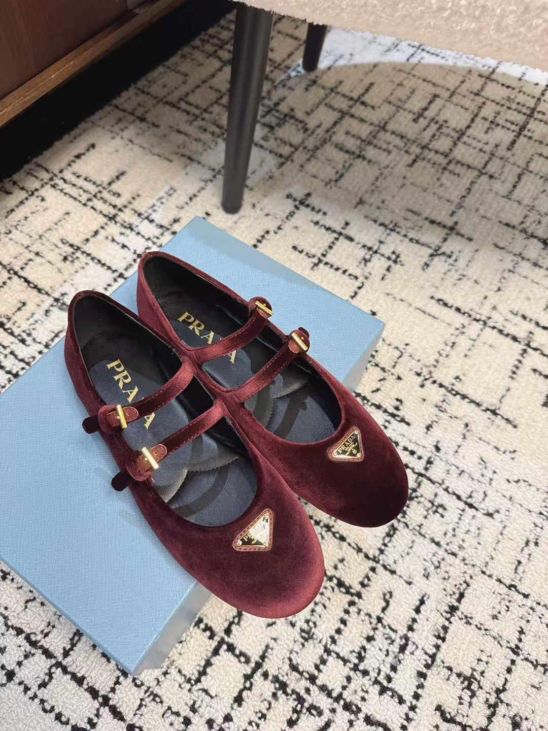 PRADA MARY JANE FLAT WITH TRIANGLE LOGO IN SANGRIA RED VELVET