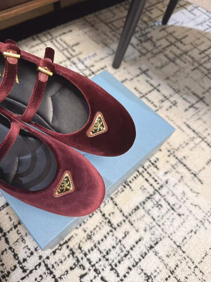 PRADA MARY JANE FLAT WITH TRIANGLE LOGO IN SANGRIA RED VELVET