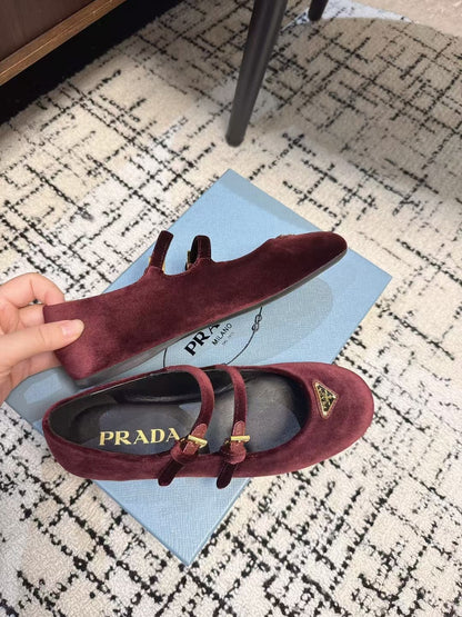 PRADA MARY JANE FLAT WITH TRIANGLE LOGO IN SANGRIA RED VELVET