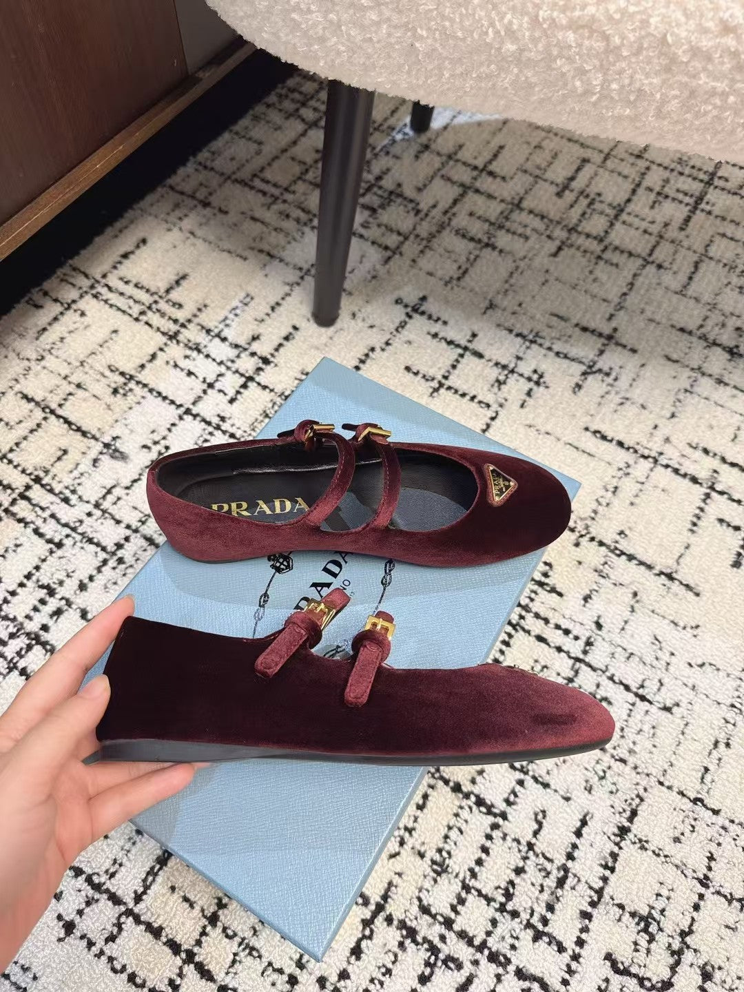 PRADA MARY JANE FLAT WITH TRIANGLE LOGO IN SANGRIA RED VELVET