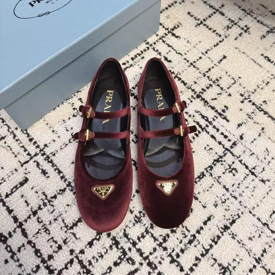 PRADA MARY JANE FLAT WITH TRIANGLE LOGO IN SANGRIA RED VELVET
