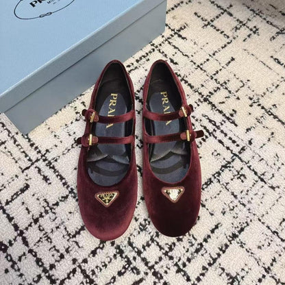 PRADA MARY JANE FLAT WITH TRIANGLE LOGO IN SANGRIA RED VELVET