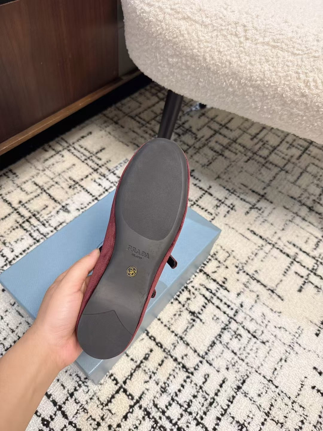 PRADA MARY JANE FLAT WITH TRIANGLE LOGO IN SANGRIA RED VELVET