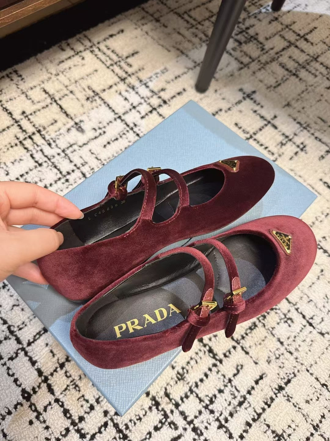 PRADA MARY JANE FLAT WITH TRIANGLE LOGO IN SANGRIA RED VELVET