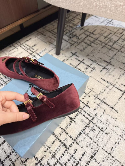 PRADA MARY JANE FLAT WITH TRIANGLE LOGO IN SANGRIA RED VELVET