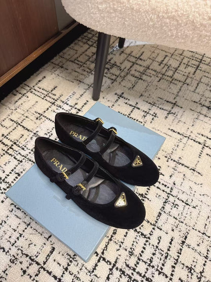 PRADA MARY JANE FLAT WITH TRIANGLE LOGO IN BLACK VELVET