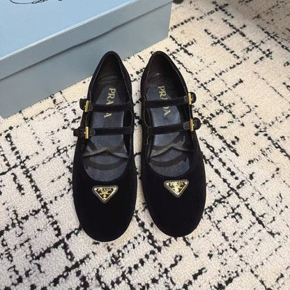 PRADA MARY JANE FLAT WITH TRIANGLE LOGO IN BLACK VELVET