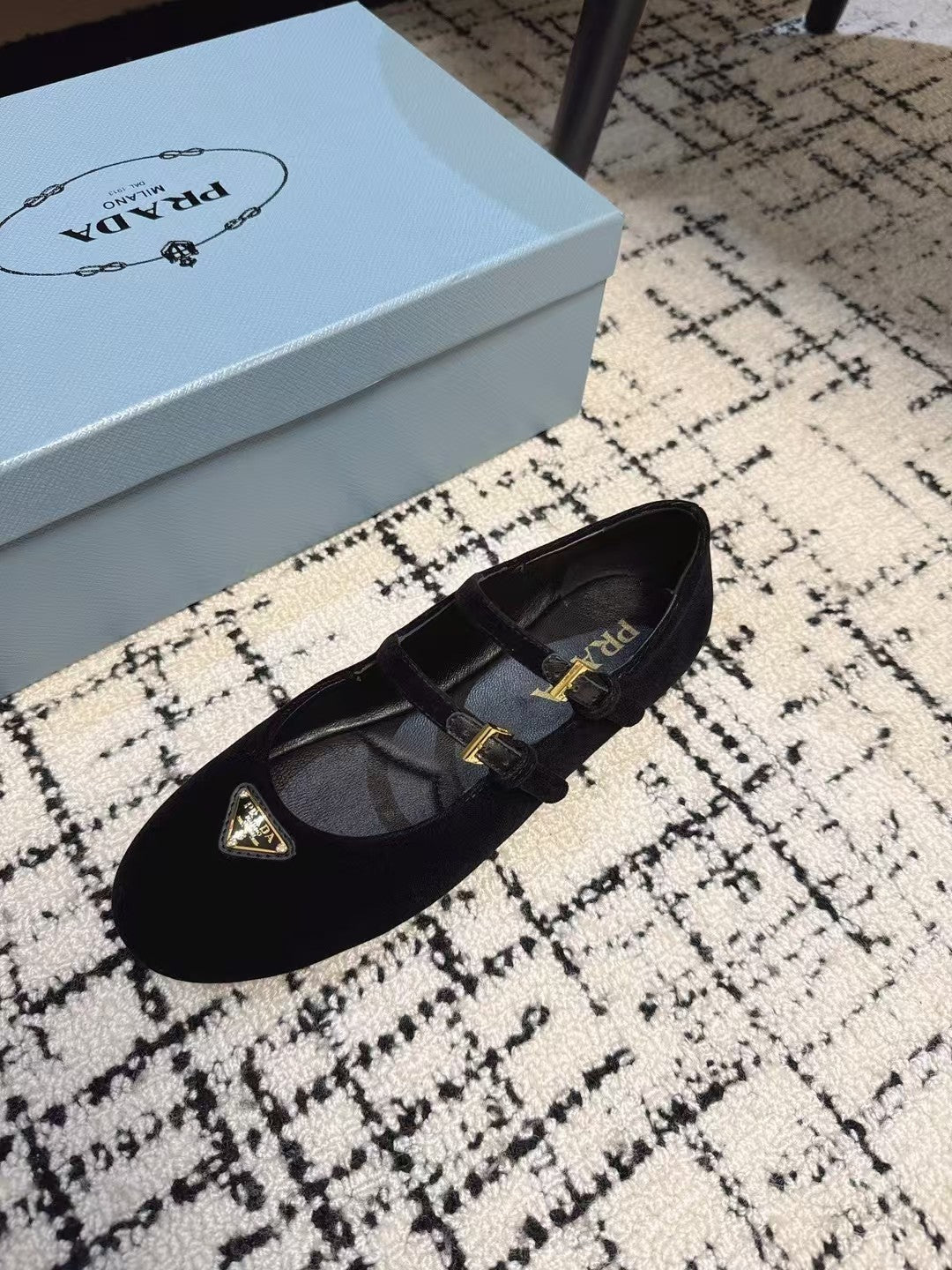 PRADA MARY JANE FLAT WITH TRIANGLE LOGO IN BLACK VELVET