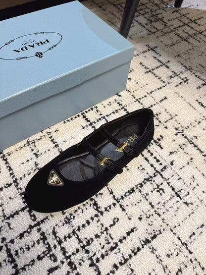 PRADA MARY JANE FLAT WITH TRIANGLE LOGO IN BLACK VELVET