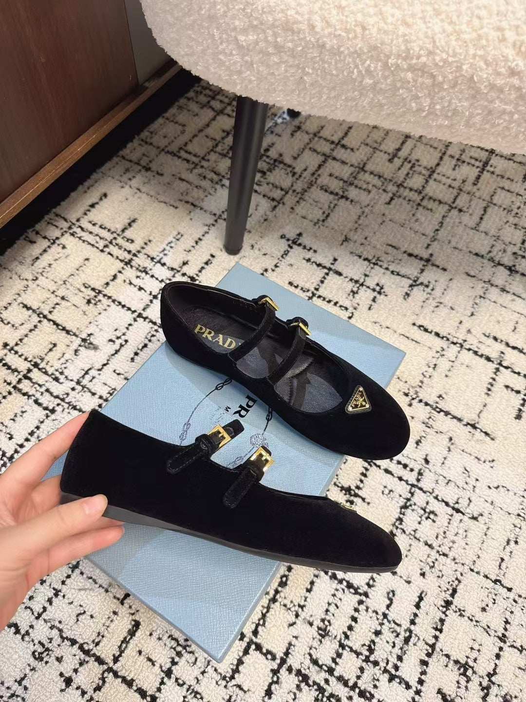 PRADA MARY JANE FLAT WITH TRIANGLE LOGO IN BLACK VELVET
