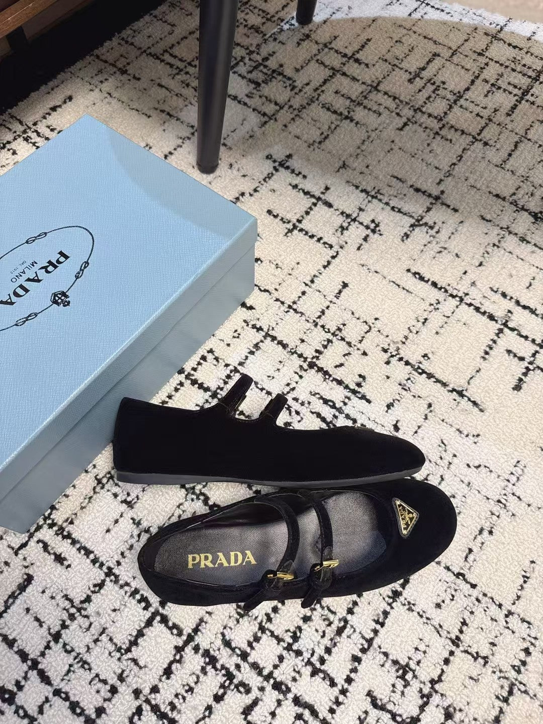 PRADA MARY JANE FLAT WITH TRIANGLE LOGO IN BLACK VELVET