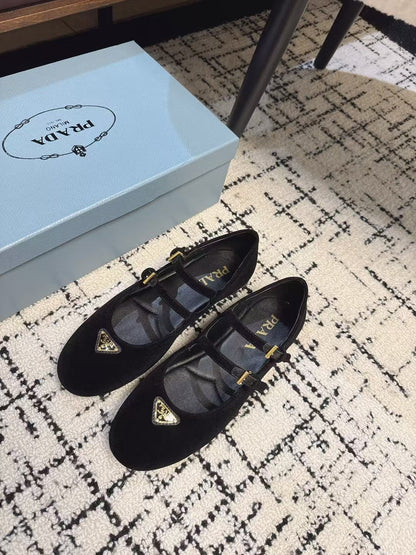 PRADA MARY JANE FLAT WITH TRIANGLE LOGO IN BLACK VELVET