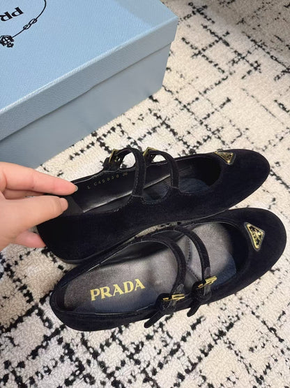 PRADA MARY JANE FLAT WITH TRIANGLE LOGO IN BLACK VELVET
