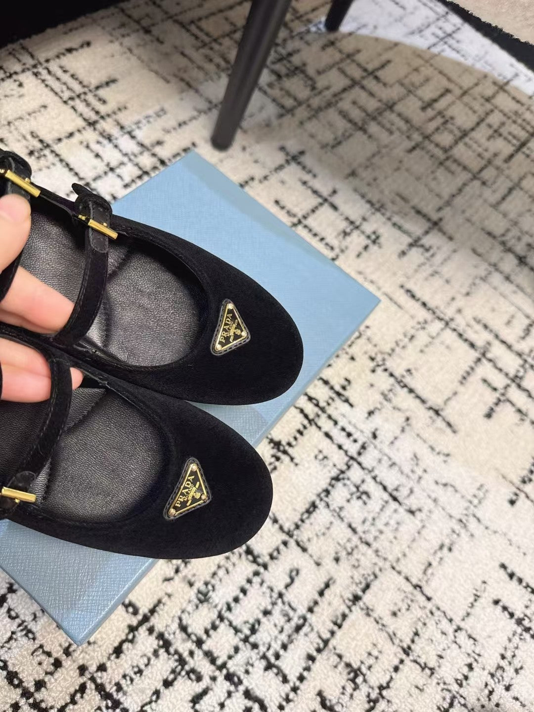 PRADA MARY JANE FLAT WITH TRIANGLE LOGO IN BLACK VELVET