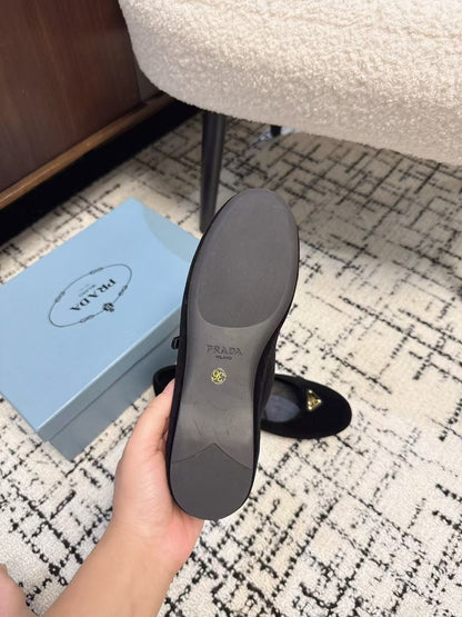 PRADA MARY JANE FLAT WITH TRIANGLE LOGO IN BLACK VELVET