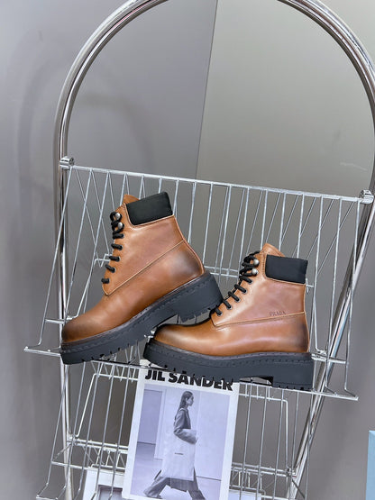 PRADA LACE-UP BOOTS OMBRE CARAMEL CALFSKIN