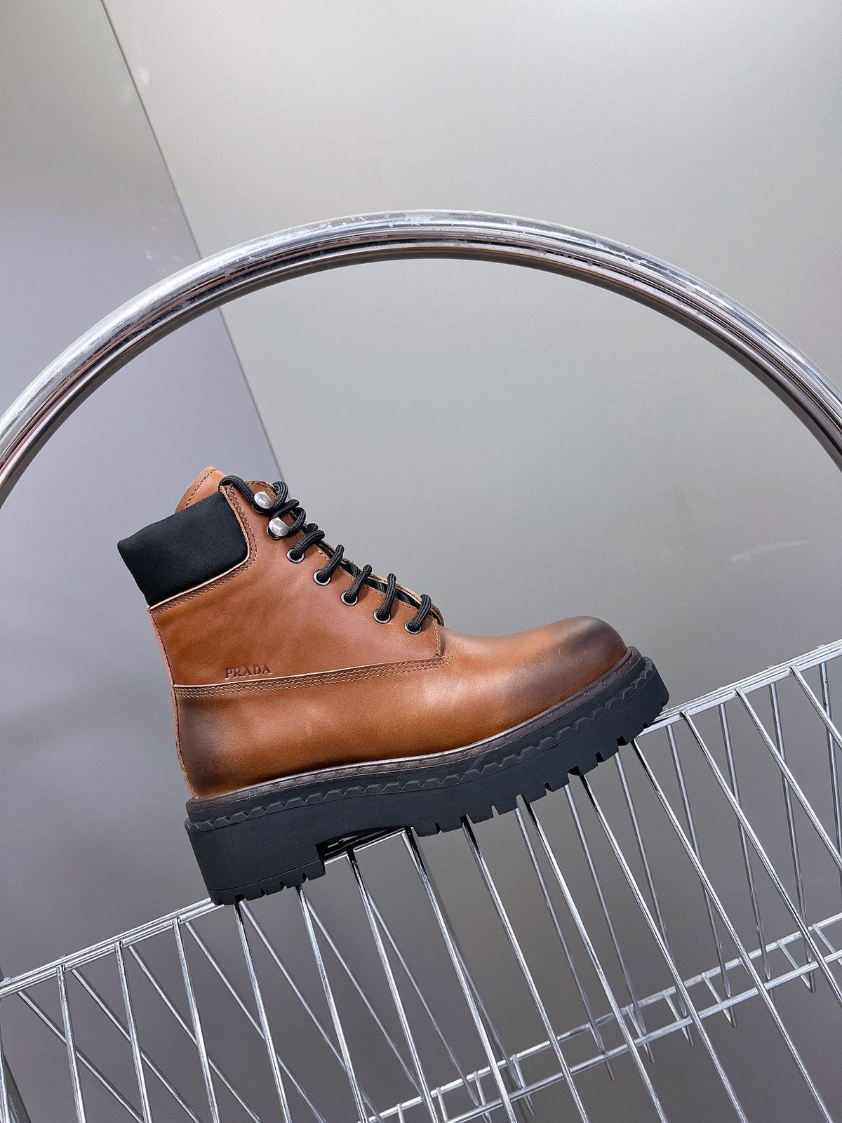 PRADA LACE-UP BOOTS OMBRE CARAMEL CALFSKIN