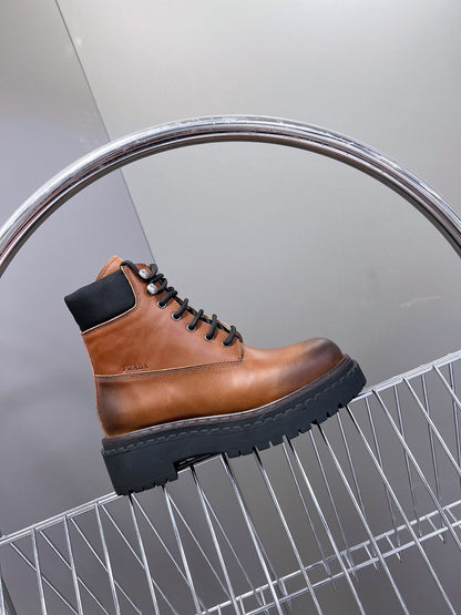 PRADA LACE-UP BOOTS OMBRE CARAMEL CALFSKIN