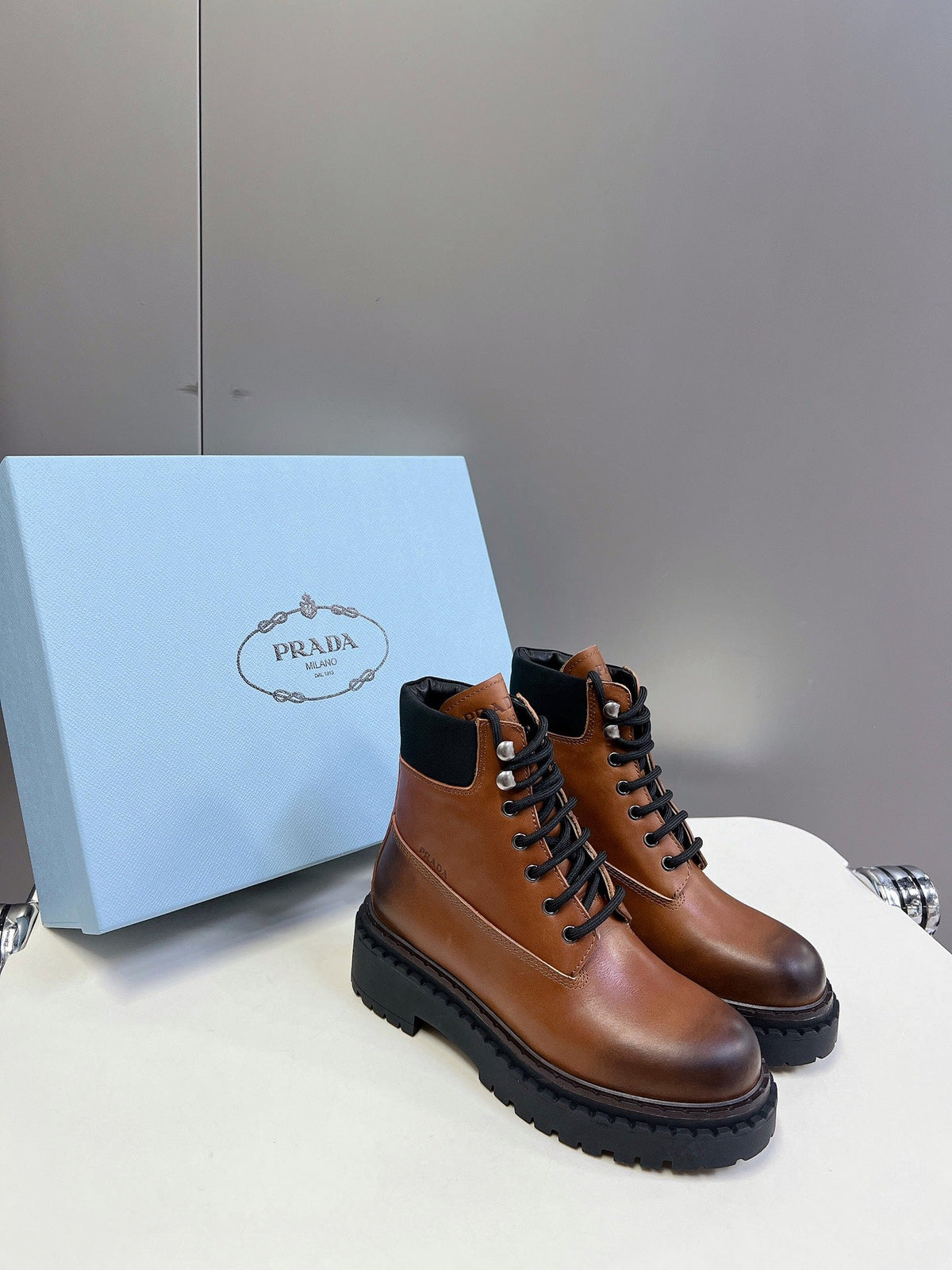 PRADA LACE-UP BOOTS OMBRE CARAMEL CALFSKIN