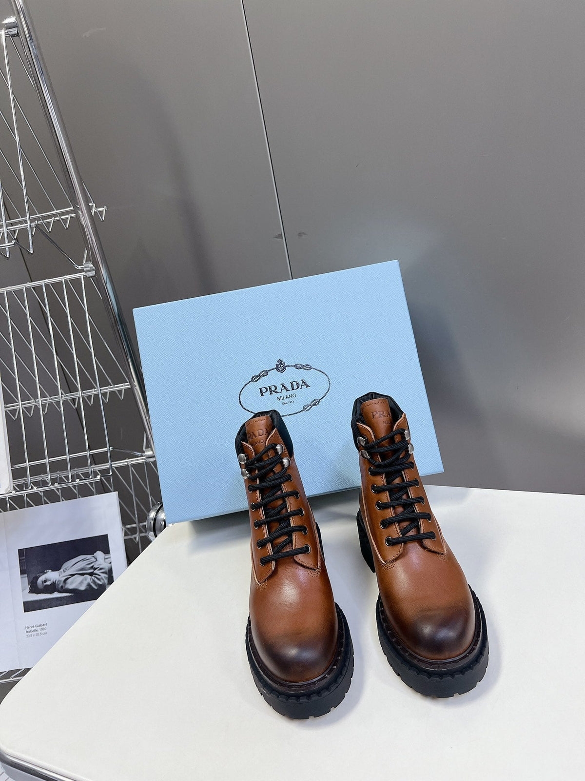 PRADA LACE-UP BOOTS OMBRE CARAMEL CALFSKIN