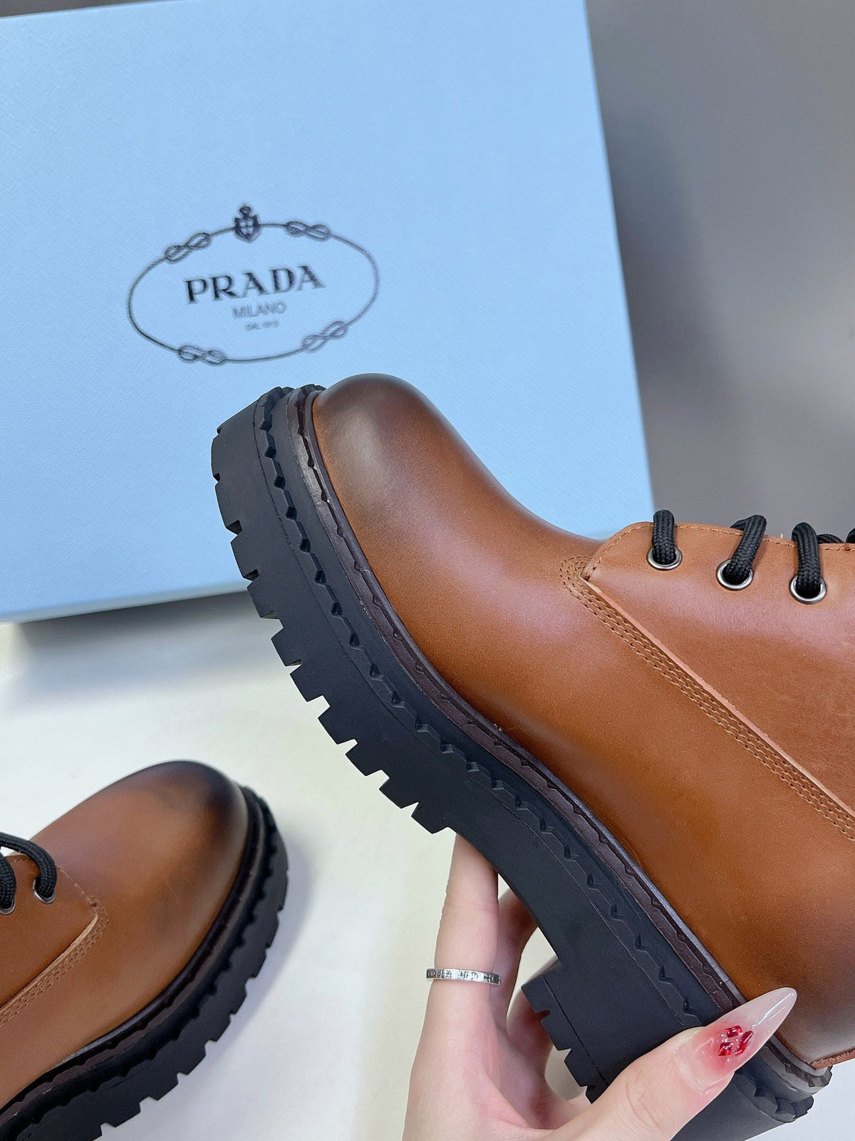 PRADA LACE-UP BOOTS OMBRE CARAMEL CALFSKIN