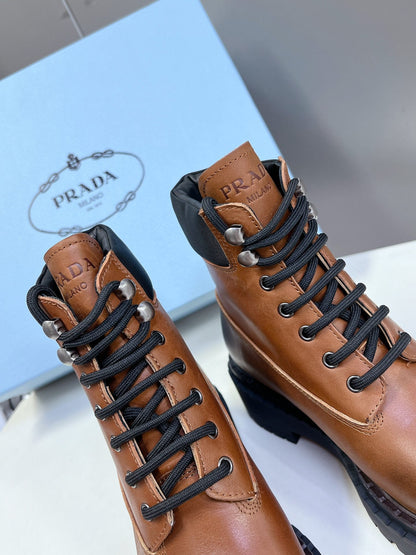 PRADA LACE-UP BOOTS OMBRE CARAMEL CALFSKIN