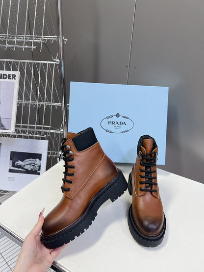 PRADA LACE-UP BOOTS OMBRE CARAMEL CALFSKIN