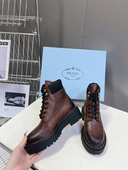 PRADA LACE-UP BOOTS OMBRE CHOCOLATE CALFSKIN