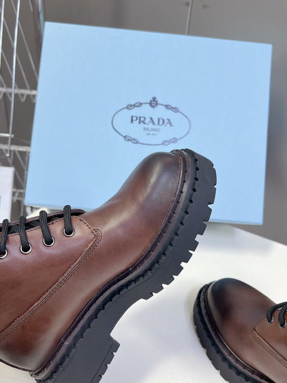 PRADA LACE-UP BOOTS OMBRE CHOCOLATE CALFSKIN