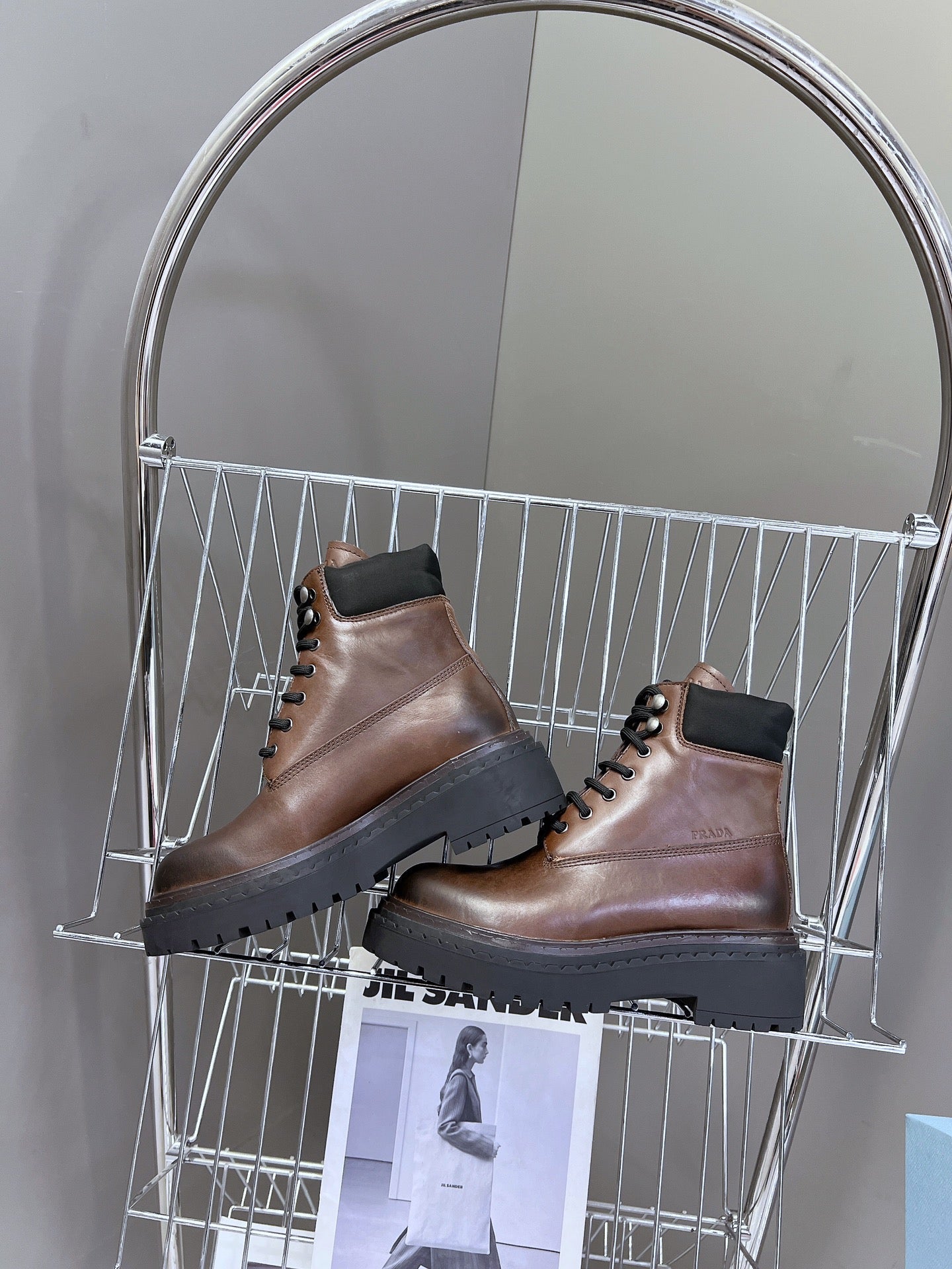 PRADA LACE-UP BOOTS OMBRE CHOCOLATE CALFSKIN
