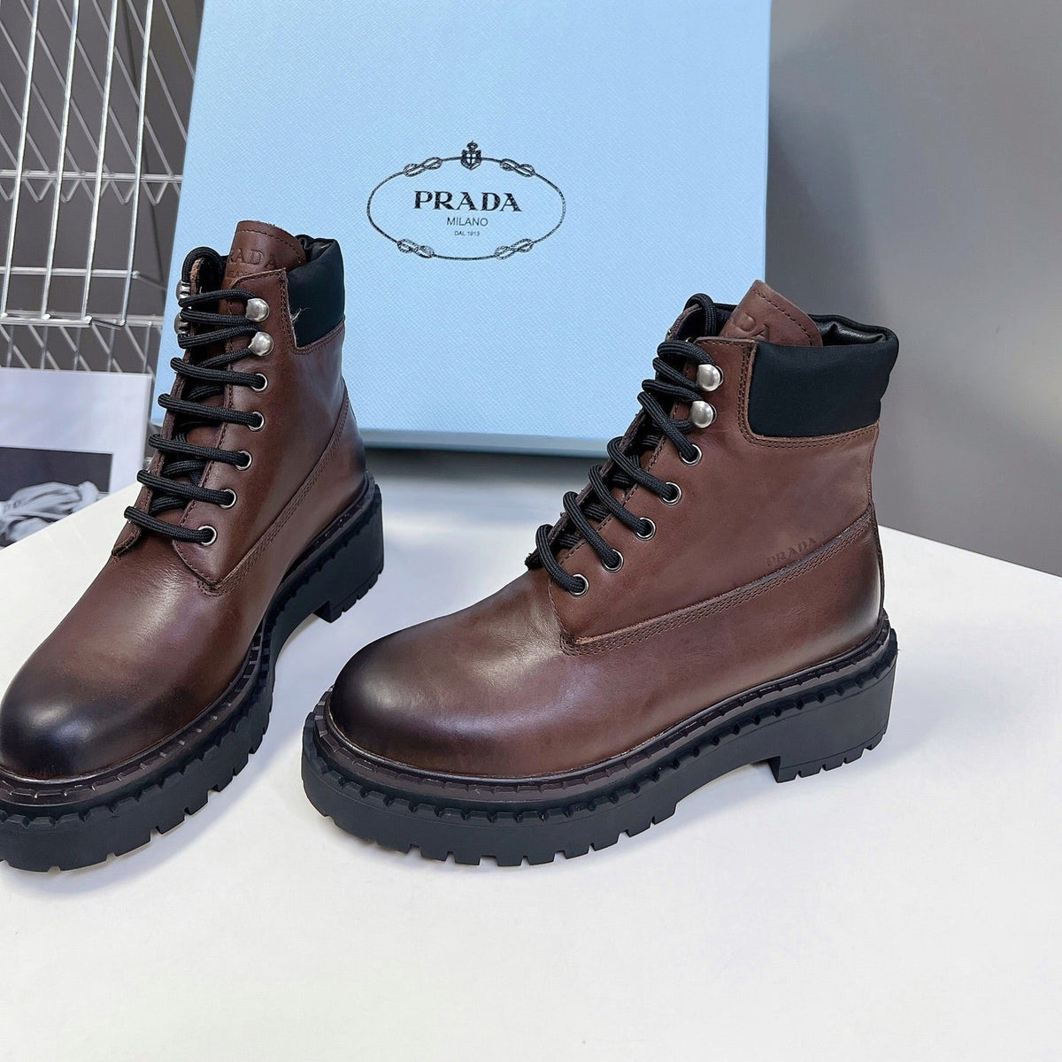 PRADA LACE-UP BOOTS OMBRE CHOCOLATE CALFSKIN