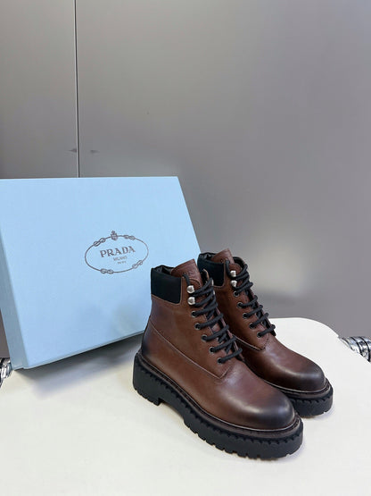 PRADA LACE-UP BOOTS OMBRE CHOCOLATE CALFSKIN