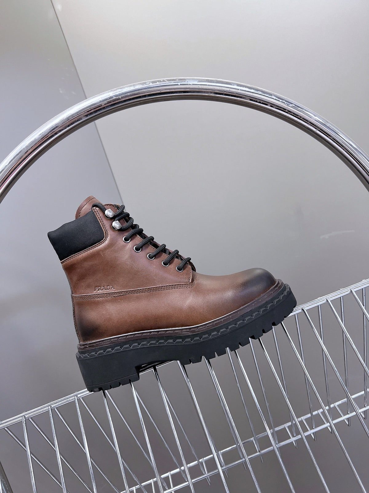 PRADA LACE-UP BOOTS OMBRE CHOCOLATE CALFSKIN