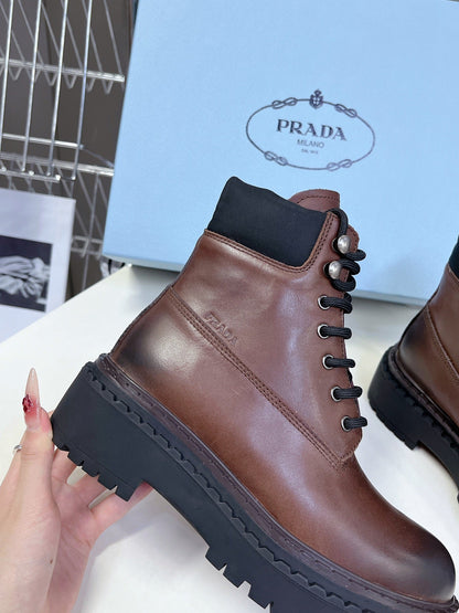 PRADA LACE-UP BOOTS OMBRE CHOCOLATE CALFSKIN