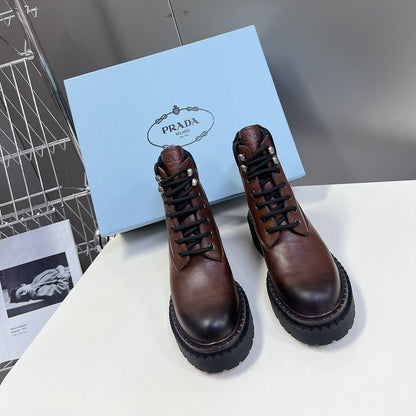 PRADA LACE-UP BOOTS OMBRE CHOCOLATE CALFSKIN