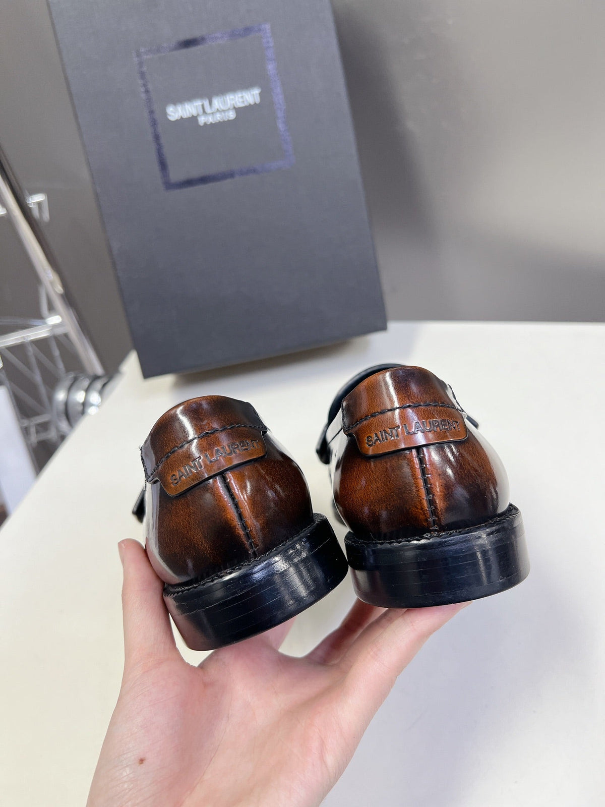 YSL 25S SAINT LAURENT LOAFERS IN TORTOISESHELL BROWN GLOSSY CALFSKIN