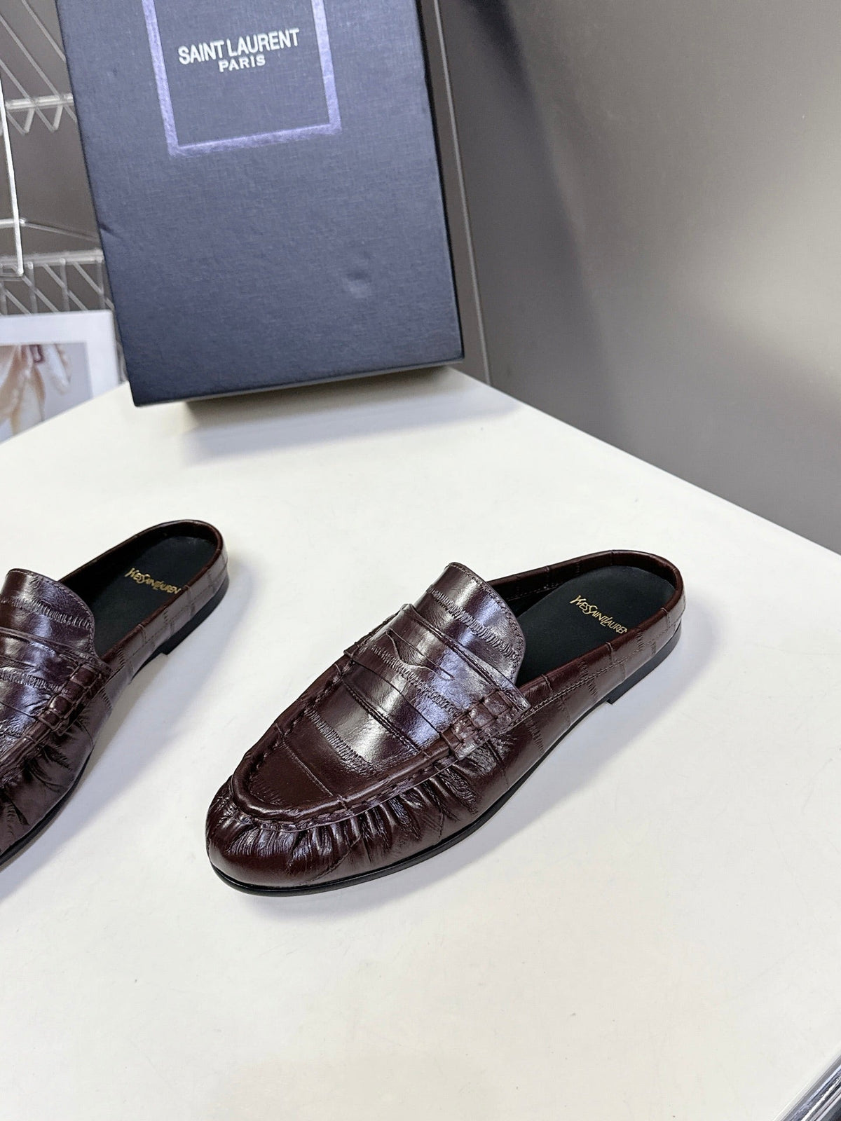 YSL 25S LOAFER MULE IN DARK BROWN CALFSKIN