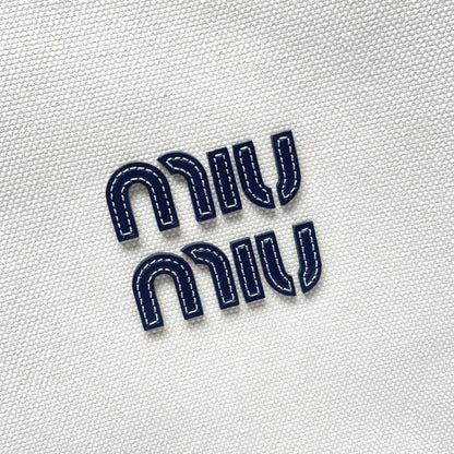 MIU MIU IVY TOTE BAG 40 IN WHITE CANVAS AND NAVY LEATHER TRIM