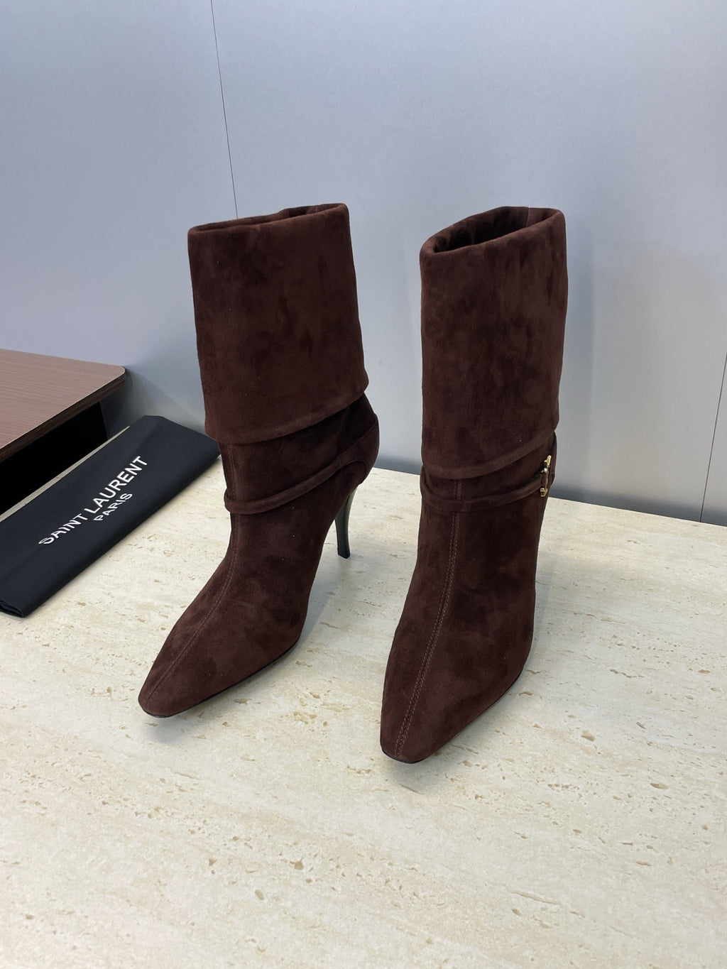 YSL 25S NIKI POINTED-HEEL ANKLE BOOTS 95 MM IN DARK BROWN SUEDE WITH GOLD HARDWARE