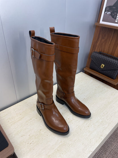 YSL 25S KNEE-HIGH BOOTS 30 MM IN BROWN LAMBSKIN WITH SILVER HARDWARE