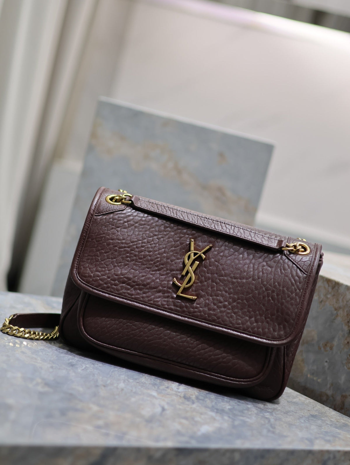 SAINT LAURENT NIKI MEDIUM 28 IN CHESTNUT BROWN ELEPHANT PATTERN LAMBSKIN GOLD HARDWARE