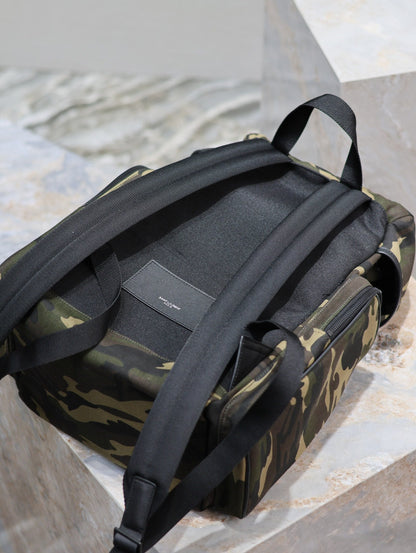 SAINT LAURENT CITY MULTI-POCKET BACKPACK 42 IN CAMOUFLAGE PATTERN NYLON AND BLACK CALFSKIN