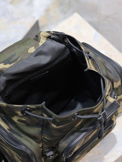 SAINT LAURENT CITY MULTI-POCKET BACKPACK 42 IN CAMOUFLAGE PATTERN NYLON AND BLACK CALFSKIN