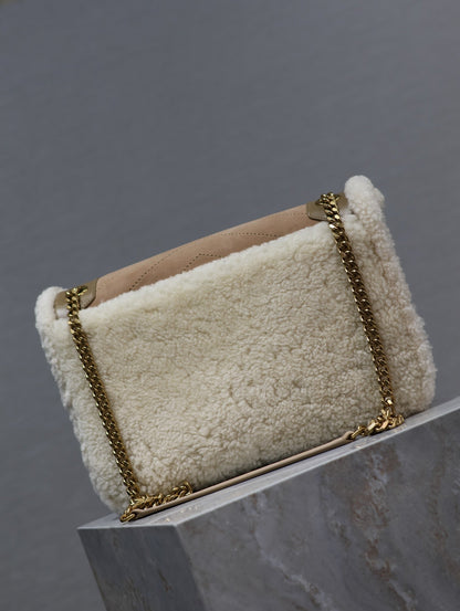 SAINT LAURENT NIKI MEDIUM 28 IN CAMEL SUEDE AND WHITE SHEARLING