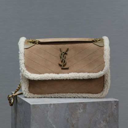 SAINT LAURENT NIKI MEDIUM 28 IN CAMEL SUEDE AND WHITE SHEARLING