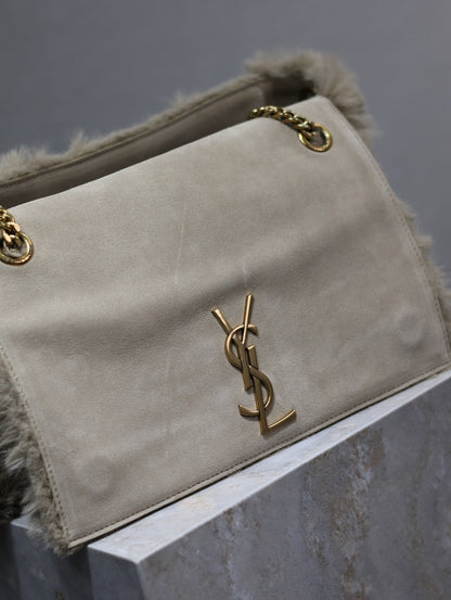 SAINT LAURENT KATE FLAP BAG 28 IN ECRU BEIGE RABBIT FUR GOLD CHAIN